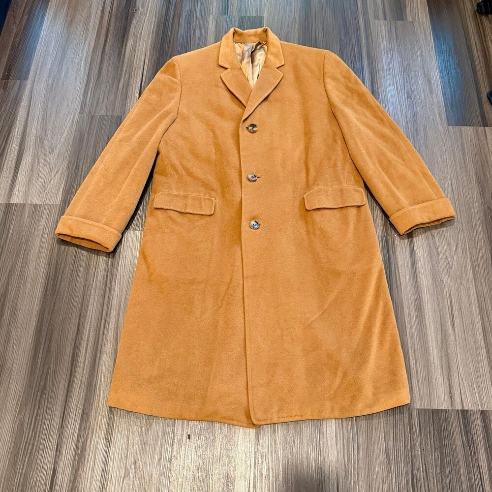 Vintage 1960s Kuppenheimer Camel Hair Overcoat Mens Trench Coat Size 44 / XL